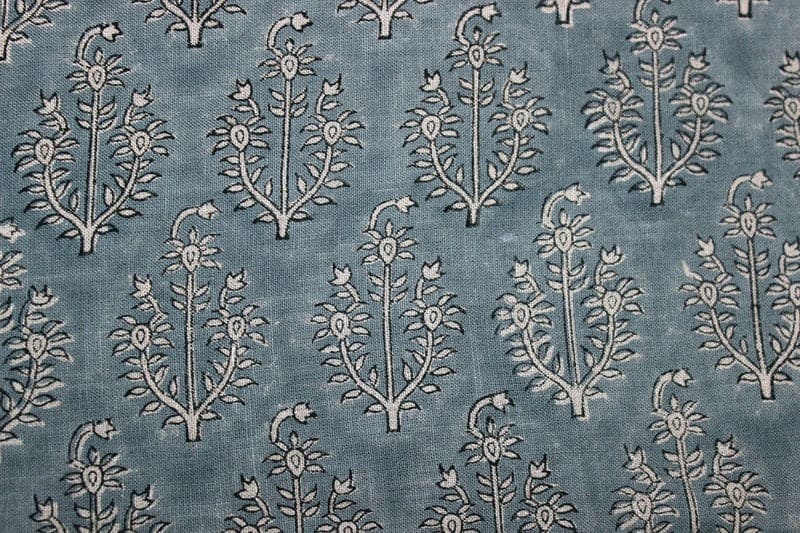 Handmade Block Print Blue Floral Thick Linen Fabric - Neel Gagan
