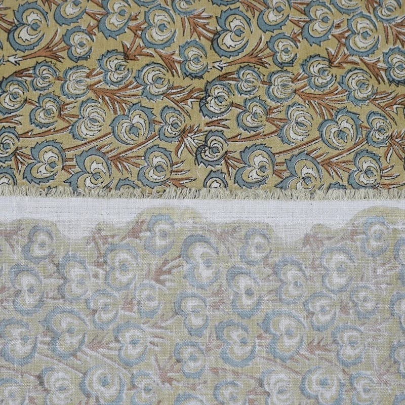 Handmade Block Print Brown Linen Blend Fabric - Heart Vine