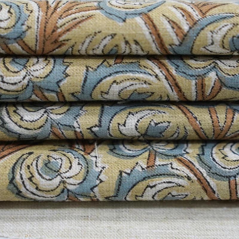 Handmade Block Print Brown Linen Blend Fabric - Heart Vine