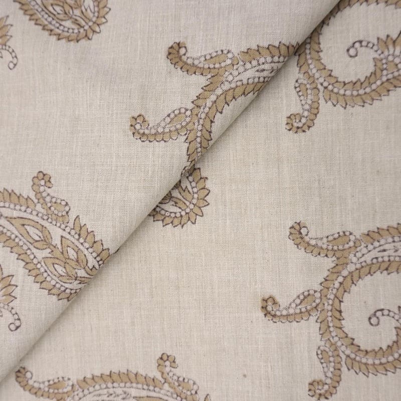 Handmade Block Print Brown Floral Linen Blend Fabric - Prayagaraj