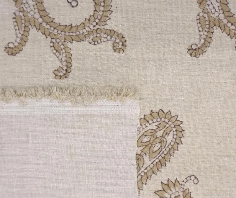 Handmade Block Print Brown Floral Linen Blend Fabric - Prayagaraj