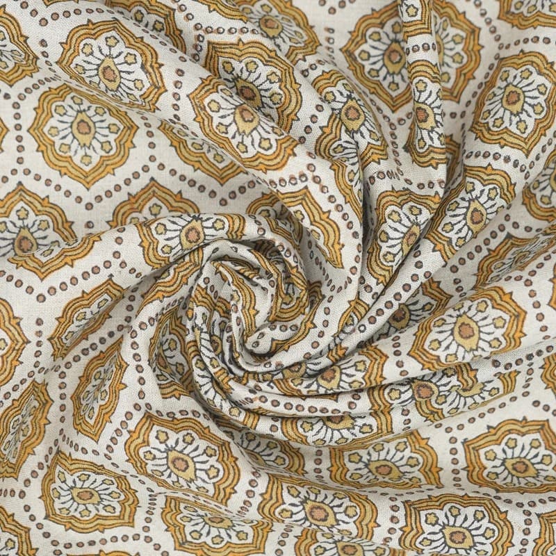 Handmade Block Print Brow Floral Pure Linen Fabric - Charkha