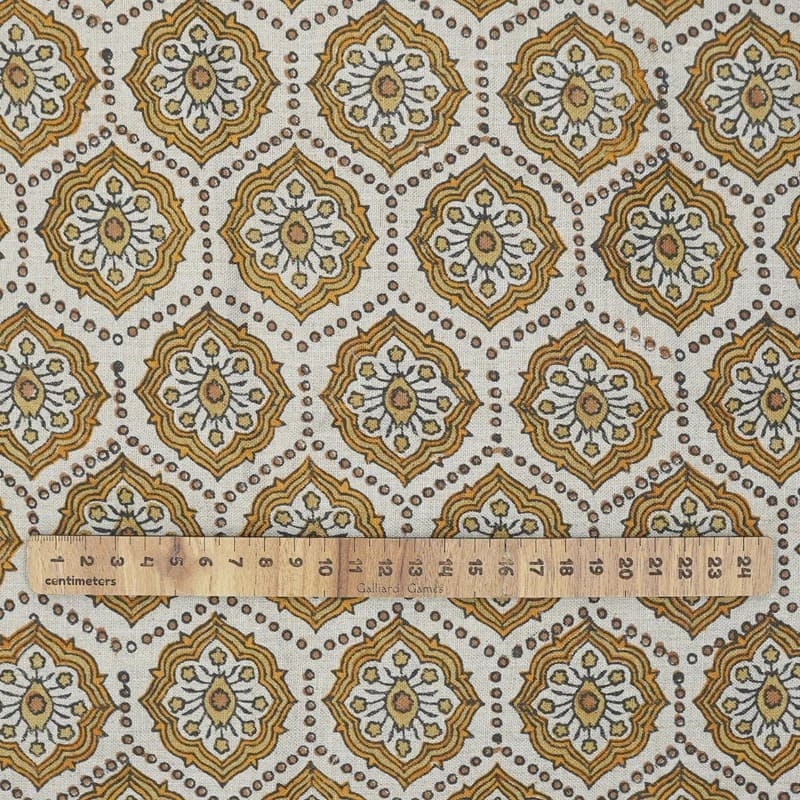 Handmade Block Print Brow Floral Pure Linen Fabric - Charkha
