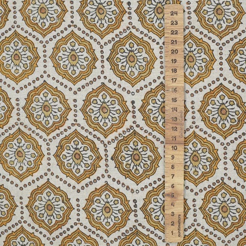 Handmade Block Print Brow Floral Pure Linen Fabric - Charkha