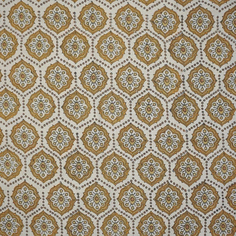 Handmade Block Print Brow Floral Pure Linen Fabric - Charkha