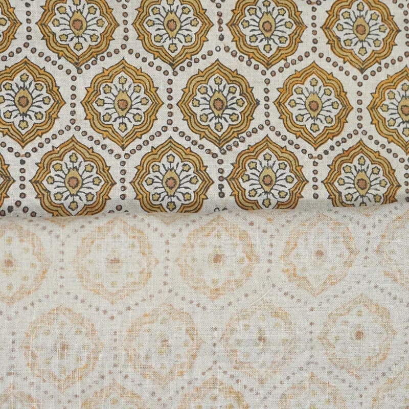 Handmade Block Print Brow Floral Pure Linen Fabric - Charkha