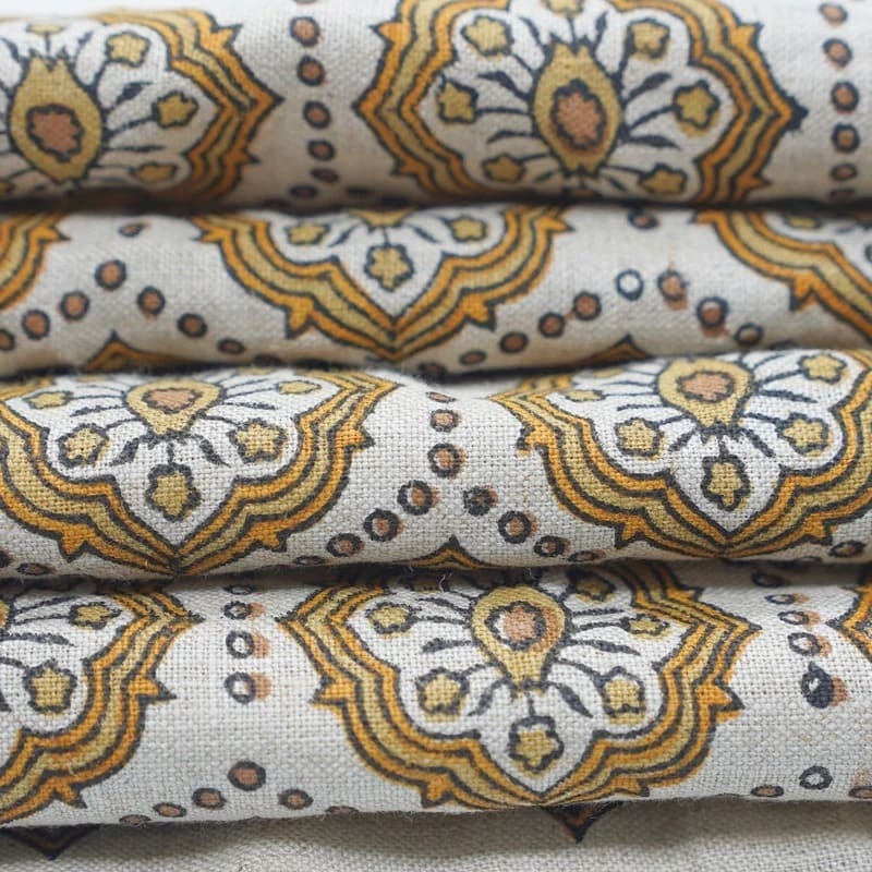 Handmade Block Print Brow Floral Pure Linen Fabric - Charkha