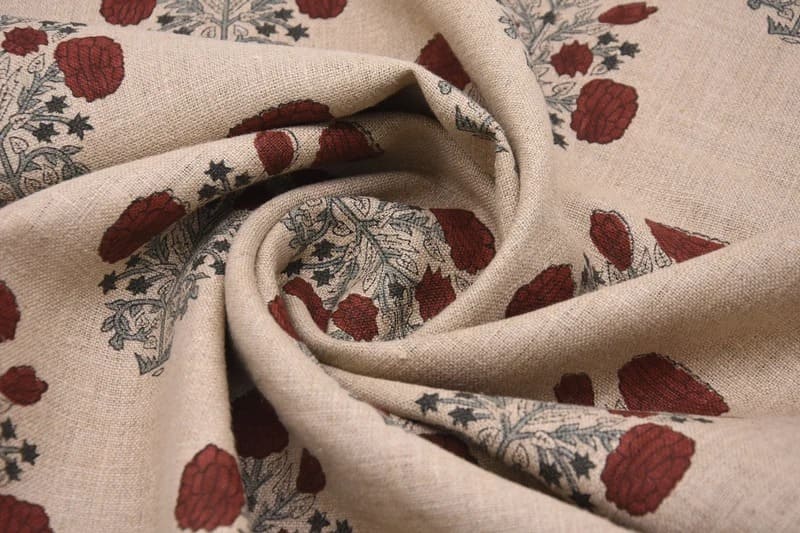 Handmade Block Printe Brown & Gray Thick Linen Fabric - Swadesh