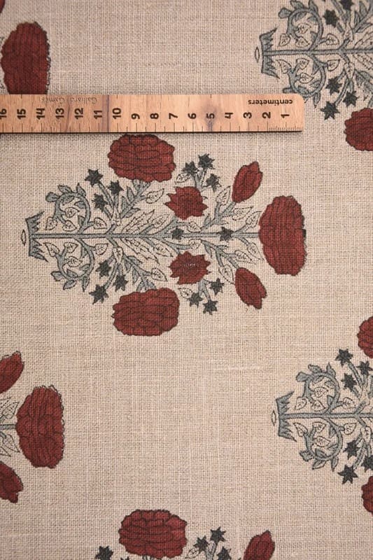 Handmade Block Printe Brown & Gray Thick Linen Fabric - Swadesh