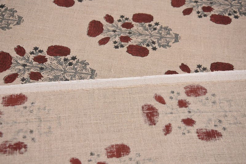Handmade Block Printe Brown & Gray Thick Linen Fabric - Swadesh