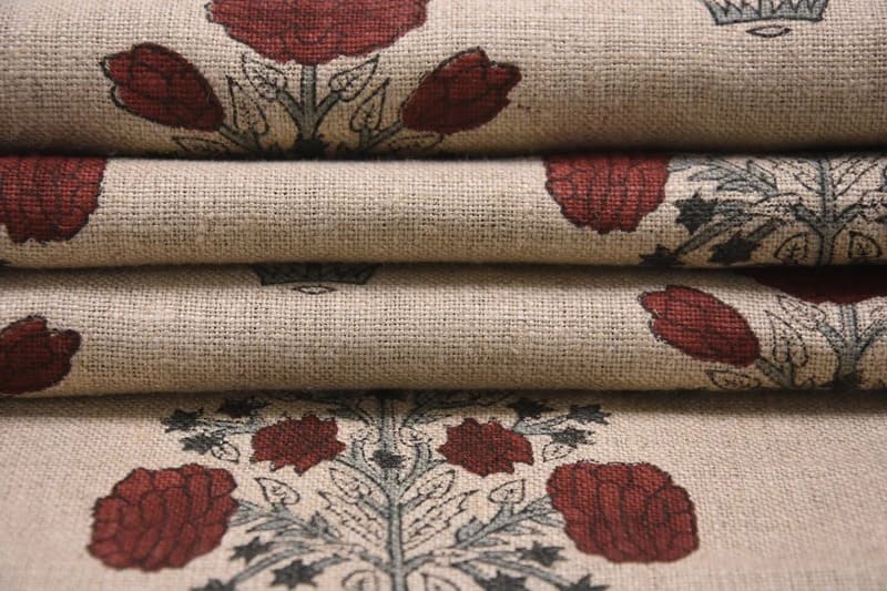 Handmade Block Printe Brown & Gray Thick Linen Fabric - Swadesh