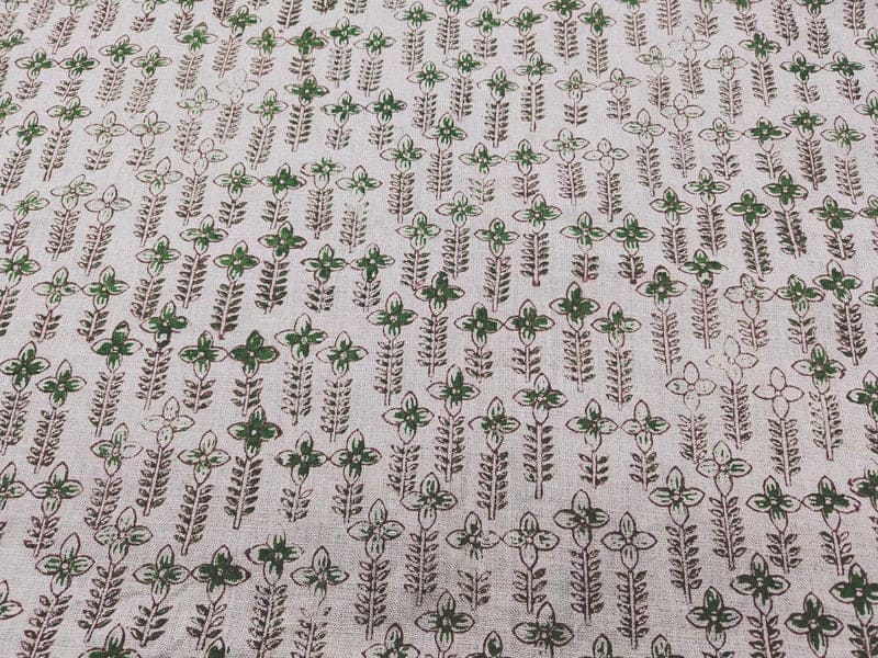 Handmade Block Print Brown Floral Pure Linen Fabric - Rajnigandha