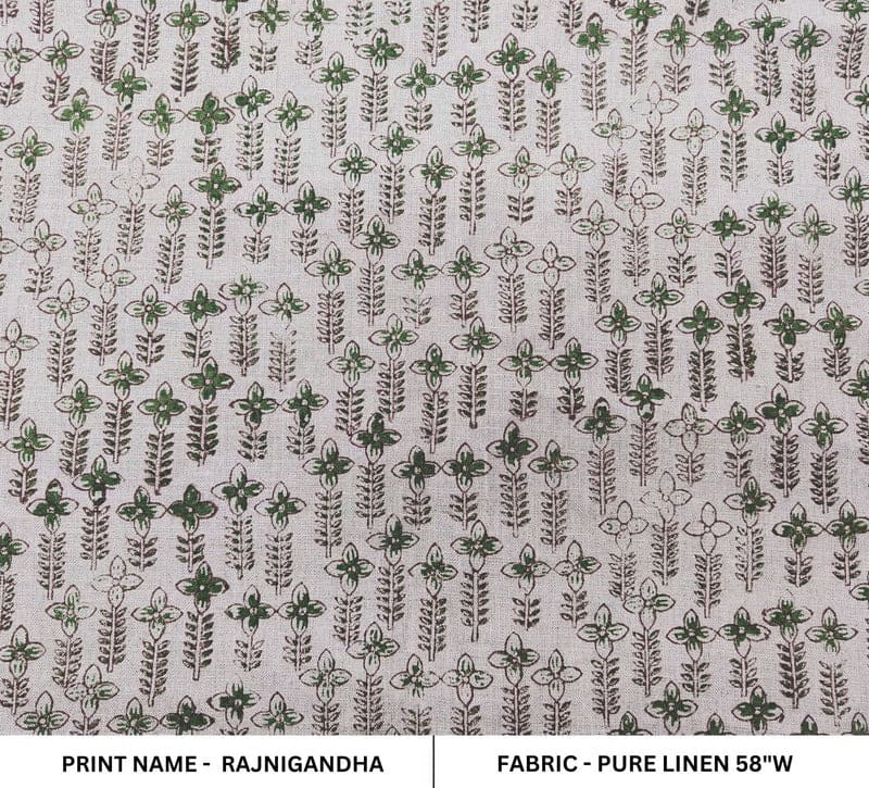 Handmade Block Print Brown Floral Pure Linen Fabric - Rajnigandha