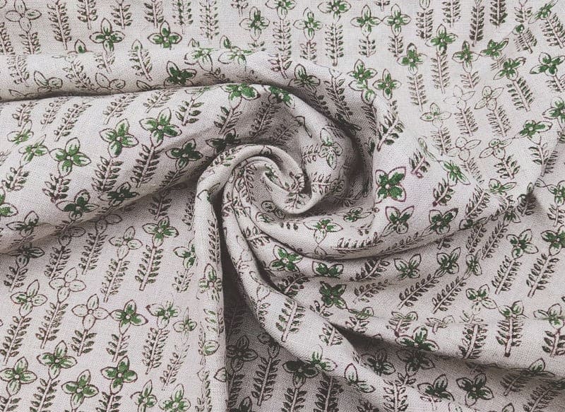 Handmade Block Print Brown Floral Pure Linen Fabric - Rajnigandha