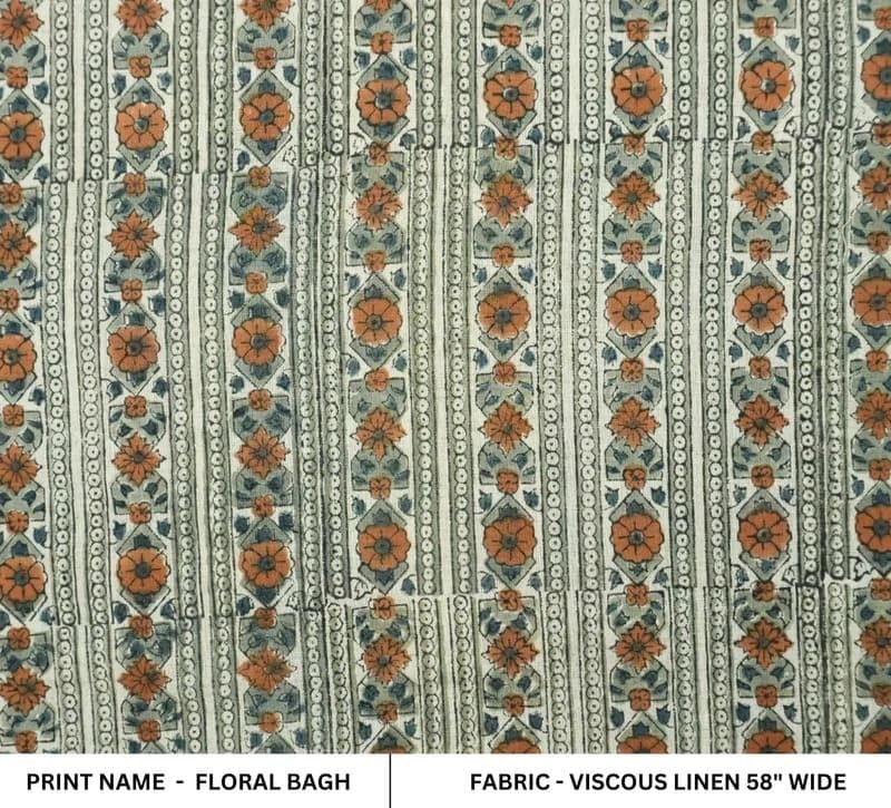 Indian Handmade Block Print Brown Visose Linen Fabric - Floral Bagh