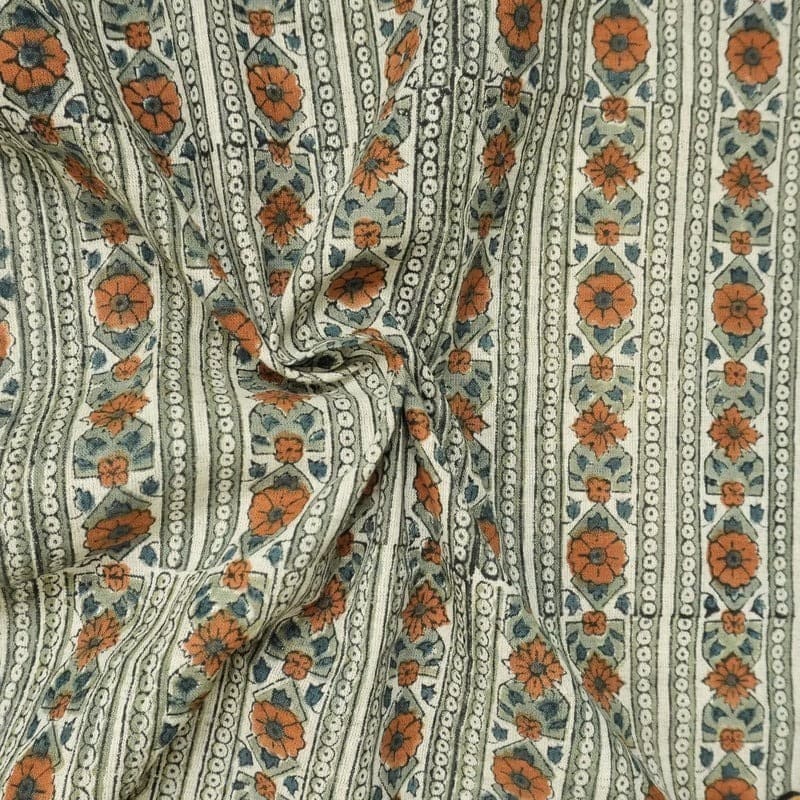 Indian Handmade Block Print Brown Visose Linen Fabric - Floral Bagh