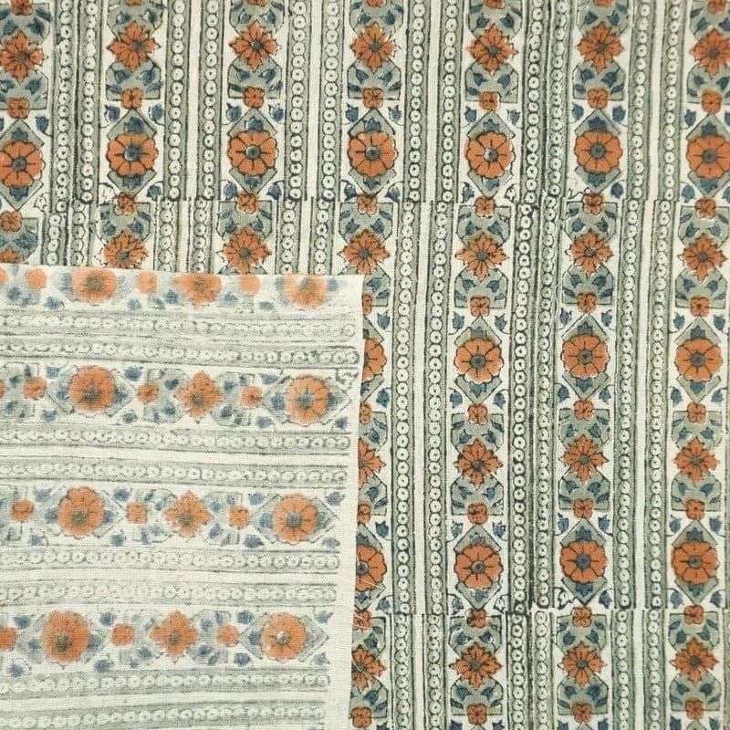 Indian Handmade Block Print Brown Visose Linen Fabric - Floral Bagh