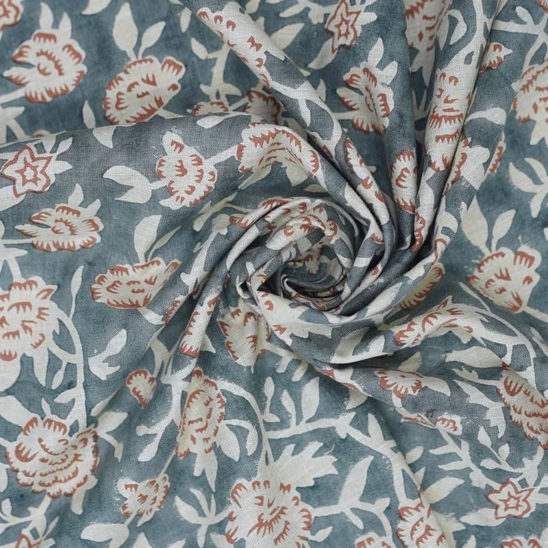 Handmade Block Print Gray Floral Linen Blend Fabric - Mrignayani