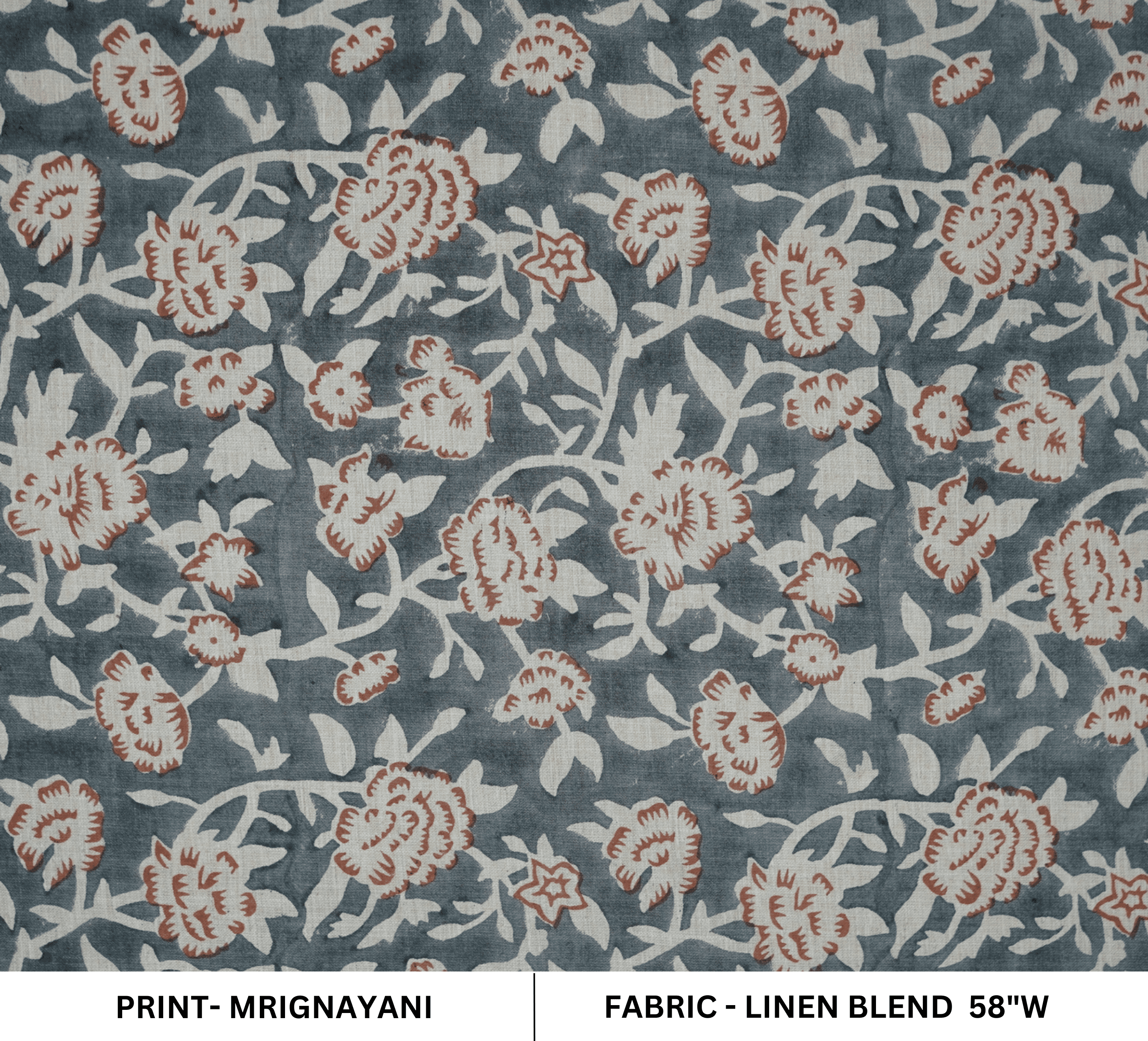 Handmade Block Print Gray Floral Linen Blend Fabric - Mrignayani