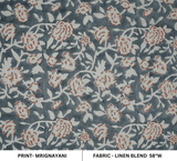 Handmade Block Print Gray Floral Linen Blend Fabric - Mrignayani