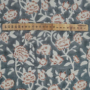 Handmade Block Print Gray Floral Linen Blend Fabric - Mrignayani