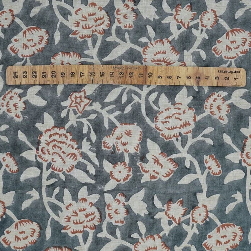 Handmade Block Print Gray Floral Linen Blend Fabric - Mrignayani