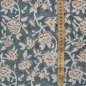 Handmade Block Print Gray Floral Linen Blend Fabric - Mrignayani