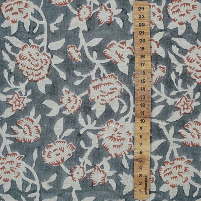Handmade Block Print Gray Floral Linen Blend Fabric - Mrignayani