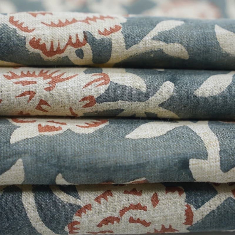Handmade Block Print Gray Floral Linen Blend Fabric - Mrignayani