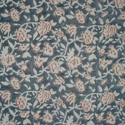 Handmade Block Print Gray Floral Linen Blend Fabric - Mrignayani