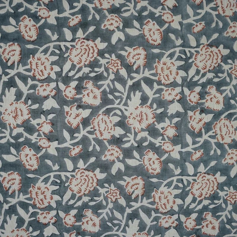 Handmade Block Print Gray Floral Linen Blend Fabric - Mrignayani