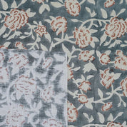 Handmade Block Print Gray Floral Linen Blend Fabric - Mrignayani