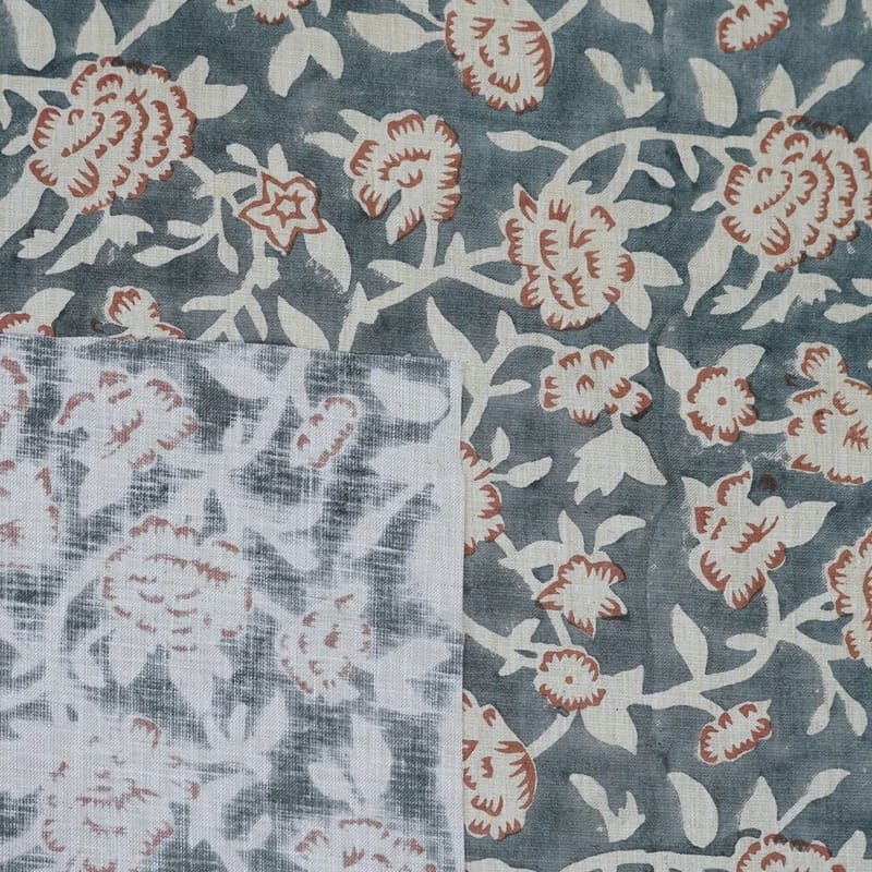 Handmade Block Print Gray Floral Linen Blend Fabric - Mrignayani