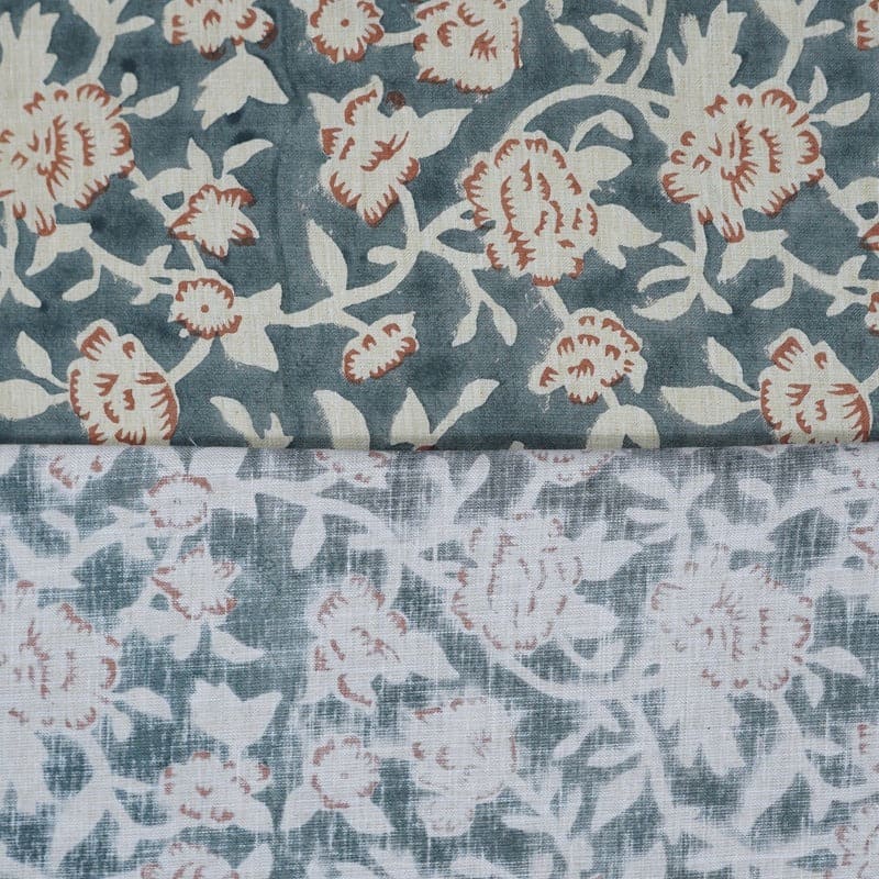 Handmade Block Print Gray Floral Linen Blend Fabric - Mrignayani