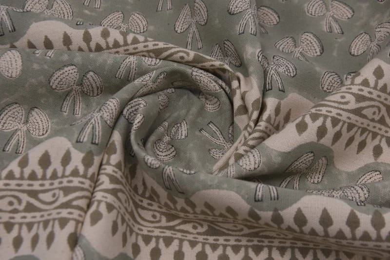 Handmade Block Print Green Floral Duck Canvas Fabric - Mushroom