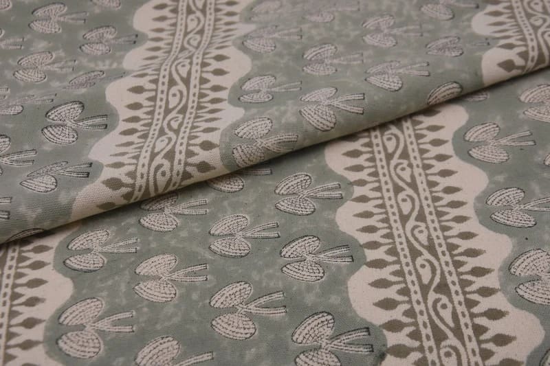 Handmade Block Print Green Floral Duck Canvas Fabric - Mushroom
