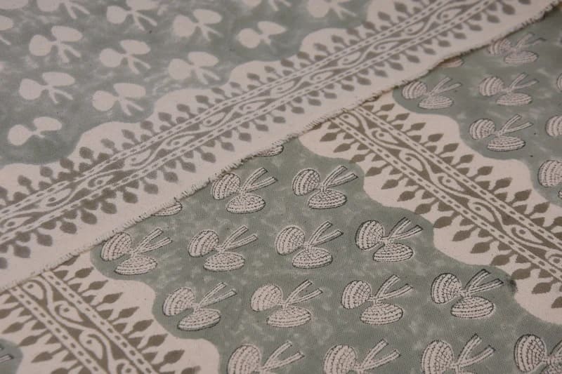 Handmade Block Print Green Floral Duck Canvas Fabric - Mushroom