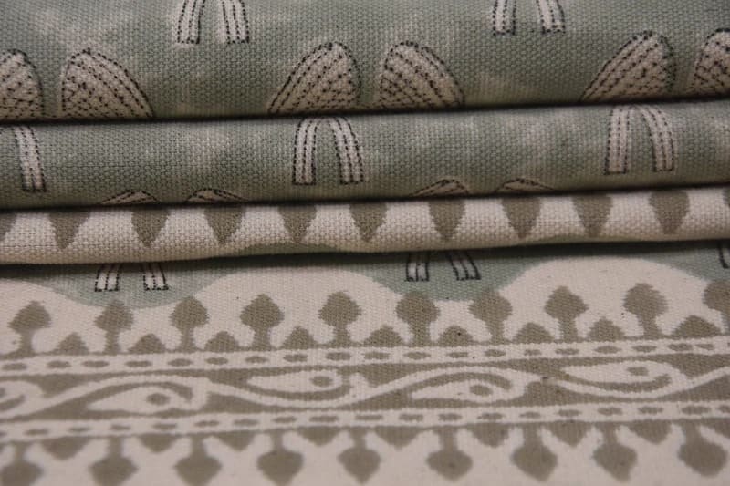 Handmade Block Print Green Floral Duck Canvas Fabric - Mushroom