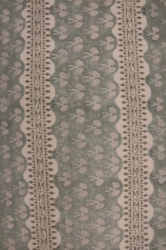 Handmade Block Print Green Floral Duck Canvas Fabric - Mushroom