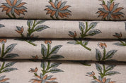 Handmade Block Print Green Floral Pure Linen Fabric - Deepika