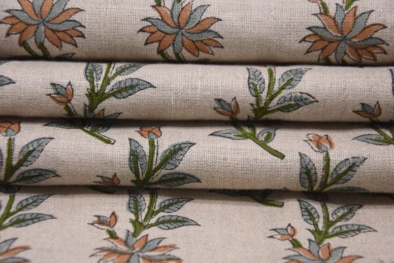 Handmade Block Print Green Floral Pure Linen Fabric - Deepika