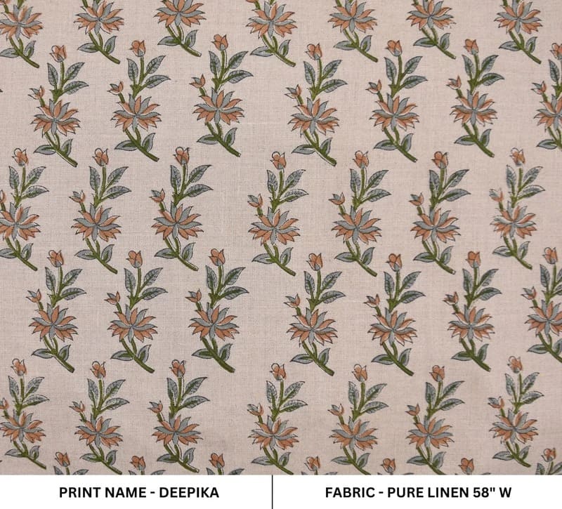 Handmade Block Print Green Floral Pure Linen Fabric - Deepika