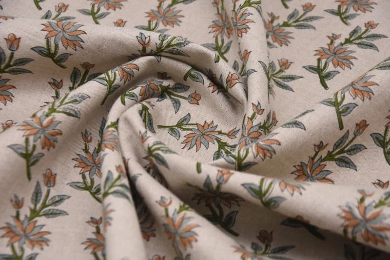 Handmade Block Print Green Floral Pure Linen Fabric - Deepika