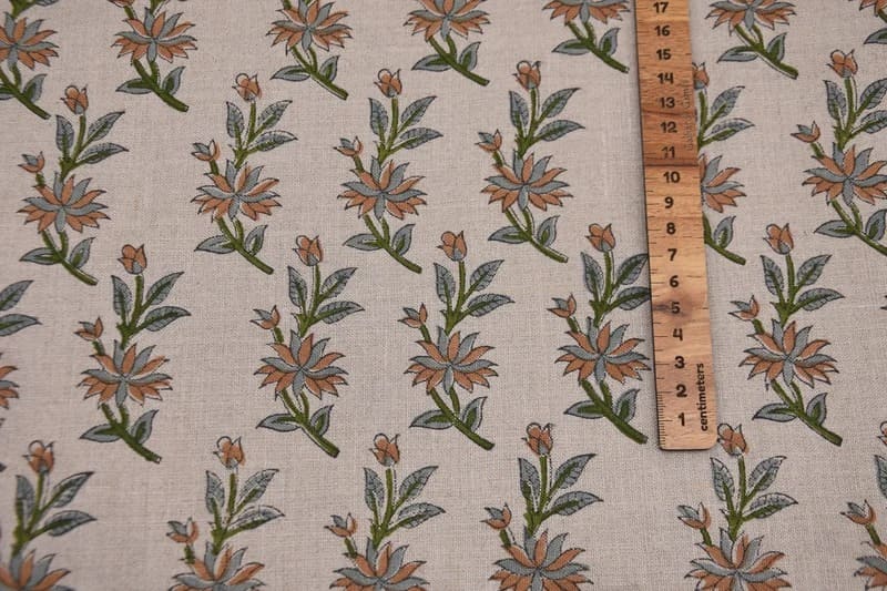 Handmade Block Print Green Floral Pure Linen Fabric - Deepika