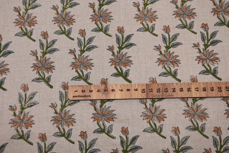 Handmade Block Print Green Floral Pure Linen Fabric - Deepika