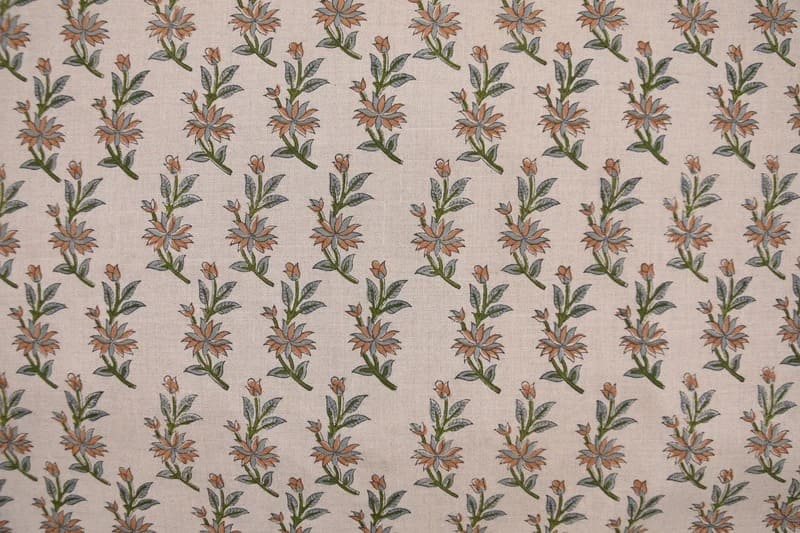 Handmade Block Print Green Floral Pure Linen Fabric - Deepika