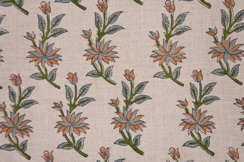 Handmade Block Print Green Floral Pure Linen Fabric - Deepika