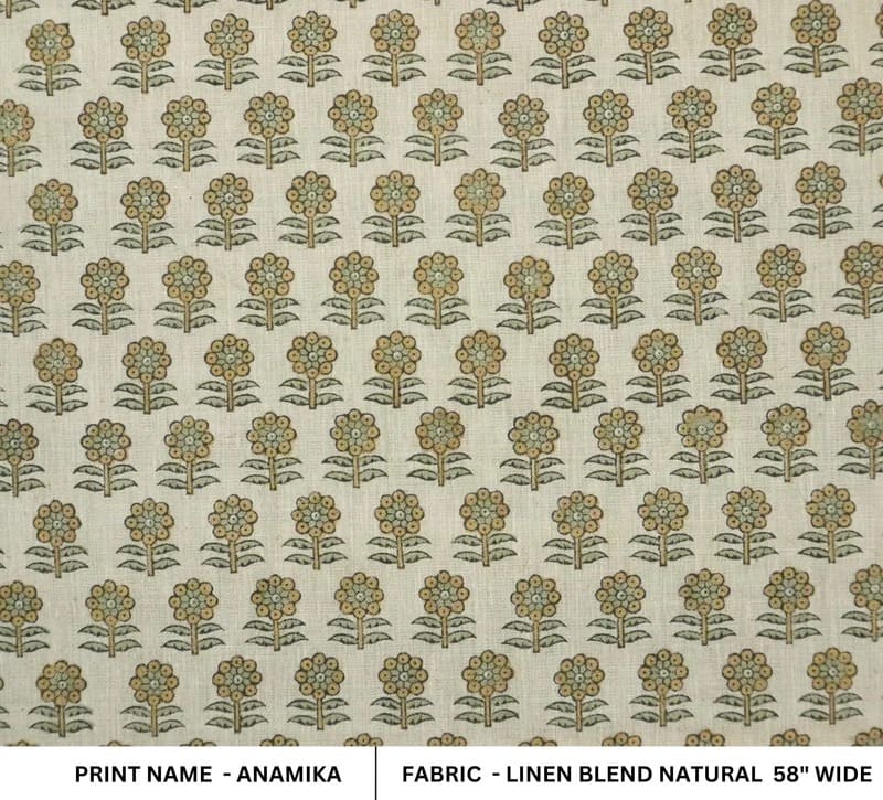 Handmade Block Print Green Floral Natural Linen Blend Fabric - Anamika
