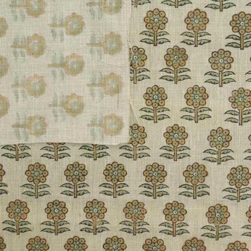 Handmade Block Print Green Floral Natural Linen Blend Fabric - Anamika