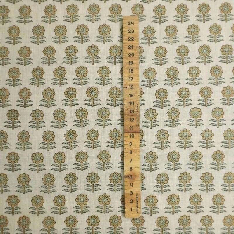 Handmade Block Print Green Floral Natural Linen Blend Fabric - Anamika
